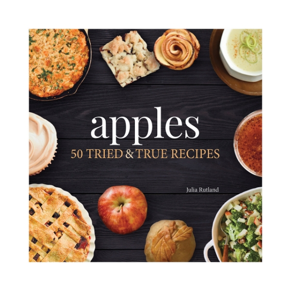 Book cover of "apples" with title in bold white font in center surrounded by apples and apple dishes.   