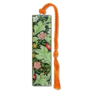 Rectangular bookmark with green and red floral design and decorative red string. 