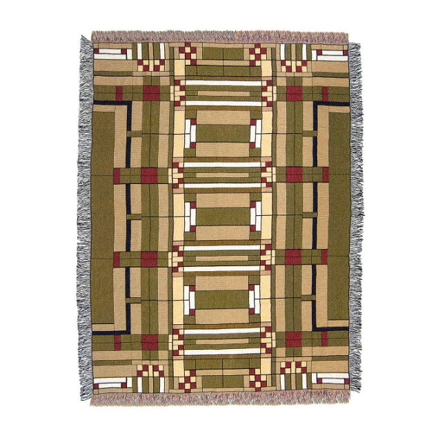 Throw blanket with geometric "Oak Park" design by Frank Lloyd Wright. Tan, olive, red, white, black. 
