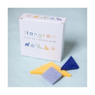 Tangram block mini set with multicolor felt blocks displayed in front of product box.