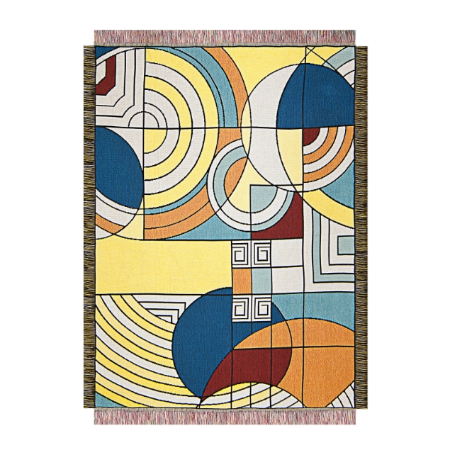 Hoffman Rug throw blanket with multicolor, geometric design by Frank Lloyd Wright. 