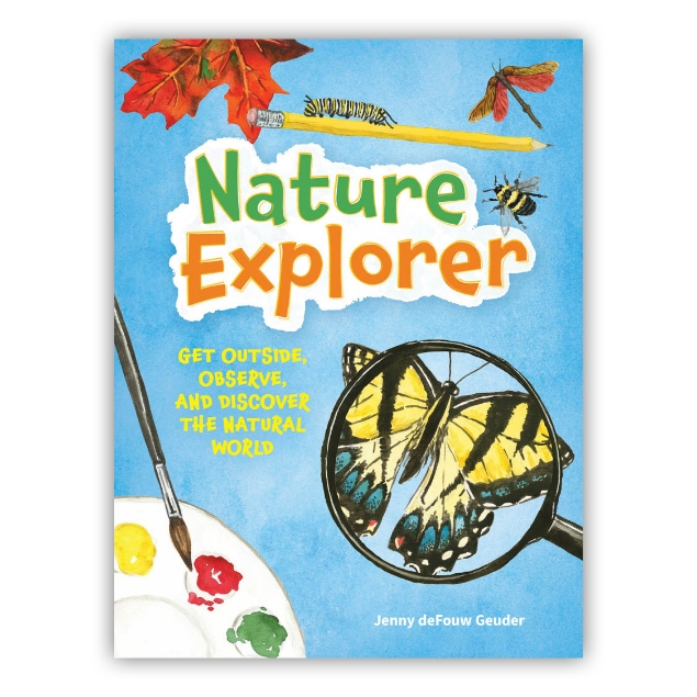Front cover of "Nature Explorer" book for young readers. Blue background with illustrations of insects, paintbrush, and magnifying glass.