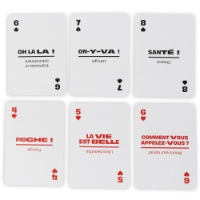 Six Lingo cards from the French deck arranged in a rectangle to show the design and French words and translations on each card.