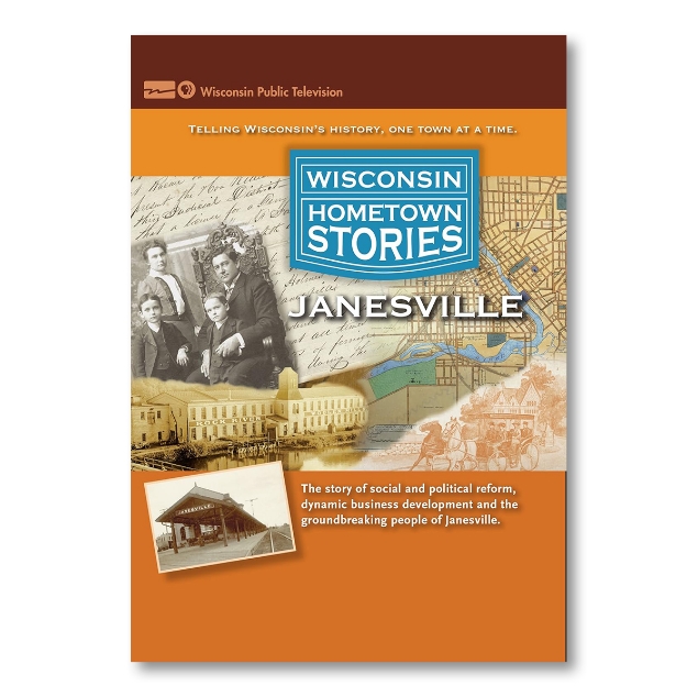 "Wisconsin Hometown Stories: Janesville," is written over a map, a letter and photographs of the city and people in the past.