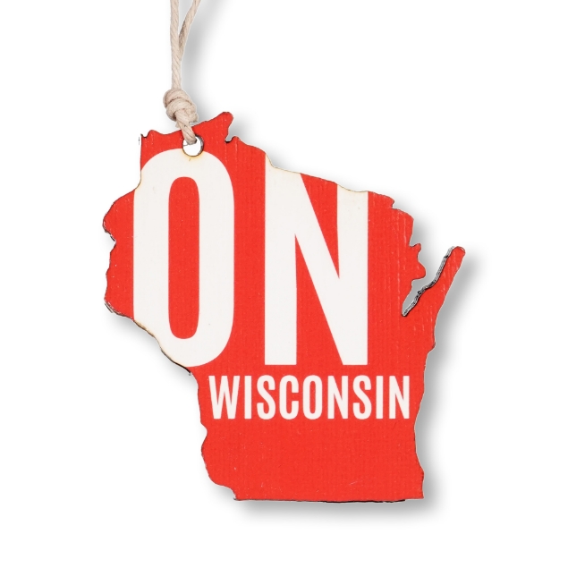 The red and white "On Wisconsin" ornament in the shape of the state.
