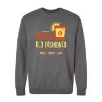 Gray sweatshirt with brandy old fashioned illustration in orange and yellow.