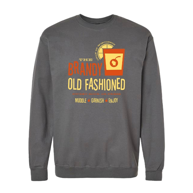 Gray sweatshirt with brandy old fashioned illustration in orange and yellow.