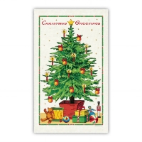 Tea towel with vintage color illustration of Christmas tree with gifts under it.