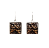 Two square dangle earrings with Victorian era lotus flower design in dark brown tones