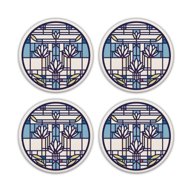 Four round beverage coasters with blue and white "Waterlilies" design by Frank Lloyd Wright.
