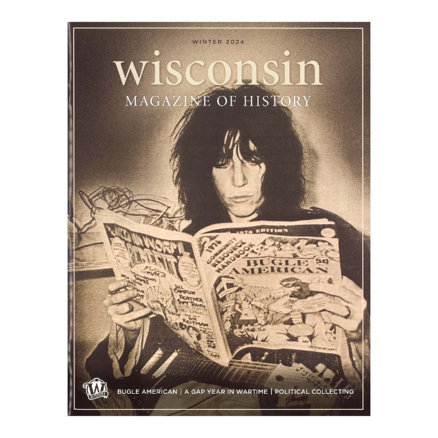 Front cover of the Winter 2024 edition of the Wisconsin Magazine of History with a black and white photo of Patti Smith reading "Bugle American" in 1976.