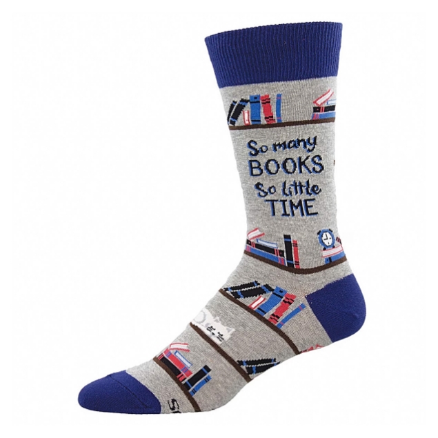 "Time for a Good Book" gray sock with book motif design and text that reads "So many books, so little time." 