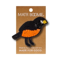 A lapel pin in the shape of an American robin made with colored beads. It is mounted on a brown display card.