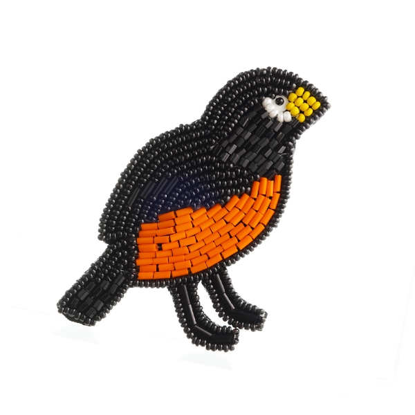 	A lapel pin in the form of an American robin made with colored beads.