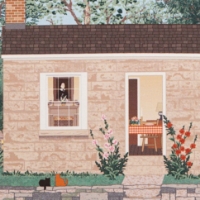 Miniature wood cutout with print of Pendarvis House, a historic site in Mineral Point, WI. A stone building with door, window, chimney, and flowers by front door.