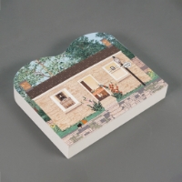 Miniature wood cutout with print of Pendarvis House, a historic site in Mineral Point, WI. Side view shows 3/4" depth.