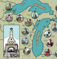 Page sample from the children’s picture book “B is for Beacon” with an illustrated map of Wisconsin, Lake Superior, and lake Michigan, and several lighthouse locations.