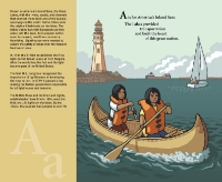 Page sample from the children’s picture book “B is for Beacon” with illustration of canoeists on a lake with a lighthouse in the background. 