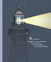 Page sample from the children’s picture book “B is for Beacon” with illustration of a lighthouse at night under a starry sky. 