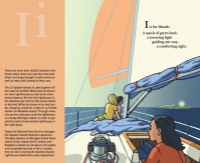 Page sample from the children’s picture book “B is for Beacon” with illustration of a sailboat and some text.  