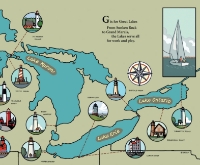 Page sample from the children’s picture book “B is for Beacon” with illustrated map of some lighthouse locations around the Great Lakes. 