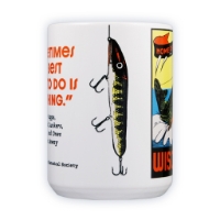 Side of the muskie mug with a fishing lure illustration.