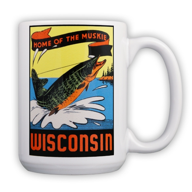 “Home of the Muskie” mug with colorful image of muskie jumping out of the water, with a fishing lure in it’s mouth.