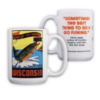 “Home of the Muskie” mug with colorful image of muskie jumping out of the water on one side and fishing quote on the other side. 