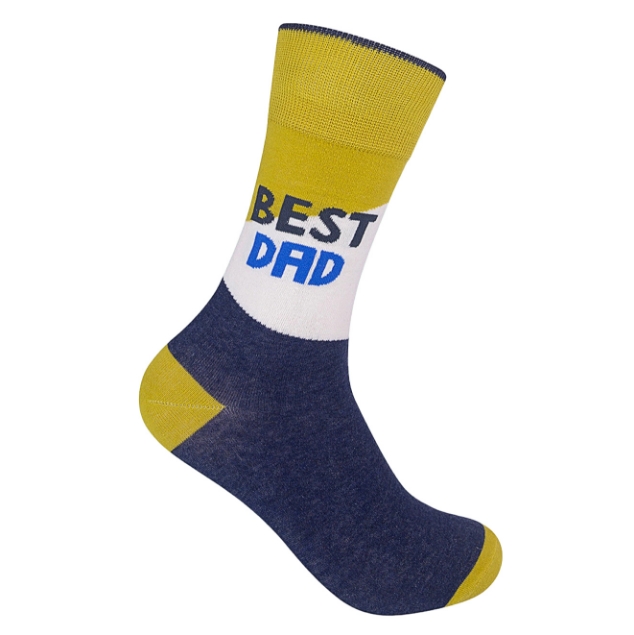 The blue, yellow and white Best Dad Ever Socks on a blank white background.