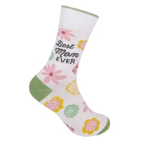 	Off-white sock with floral designs and words that say "Best Mom Ever" on the side. Green toe and heel cap.